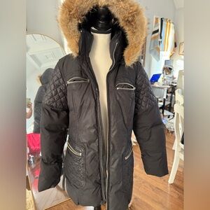 Johnny Yiu Canadian Goose Down Black Quilted Jacket wFur Trim. Detachable hood